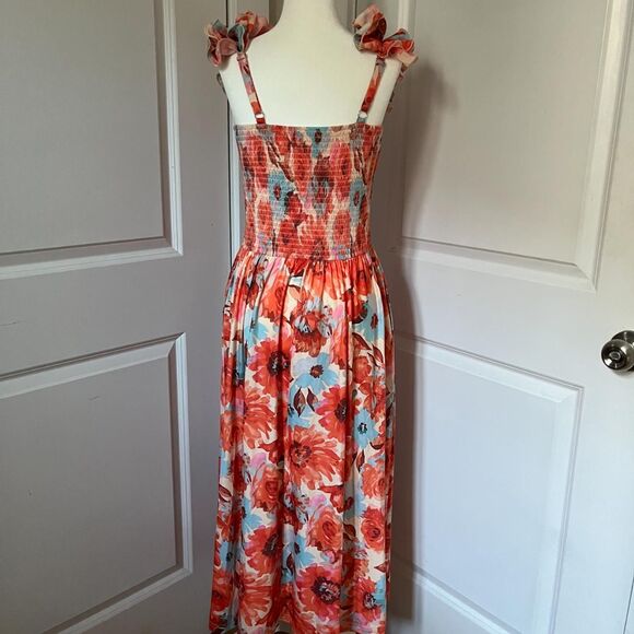 GRACE KARIN Orange Floral Print Dress Ruffles Sleeveless Flowy Sundress (NWT) - Picture 3 of 7